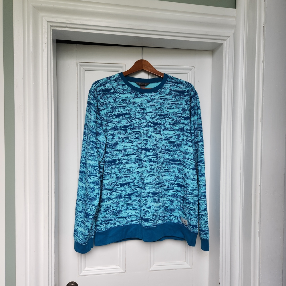 Eddie Bauer Teal Fish Patterned Crewneck Sweater Mens Large